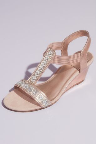 New York Transit Grey;Pink Wedges (Crystal Pull On Metallic T-Strap Wedge Sandals)
